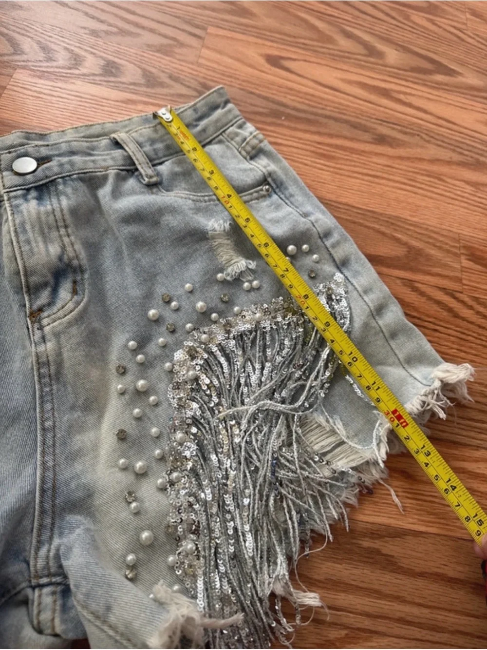 Embellished Light Blue Denim Fringe Shorts